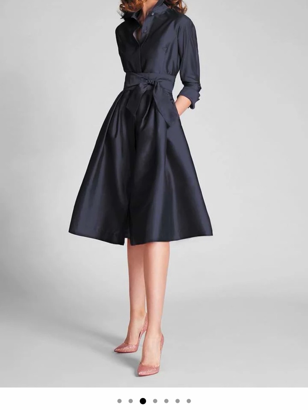 Teri Jon Taffeta Navy 3/4 sleeves Midi Dress with Waist Tie - Picture 2 of 6
